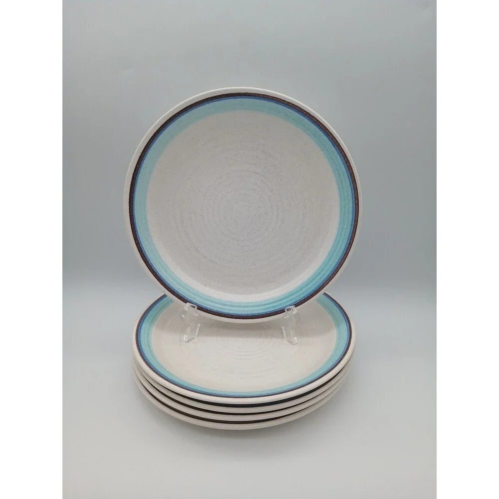 5 Vtg Franciscan Malibu Salad Luncheon Lunch Plates  Blue Brown Rings Stoneware